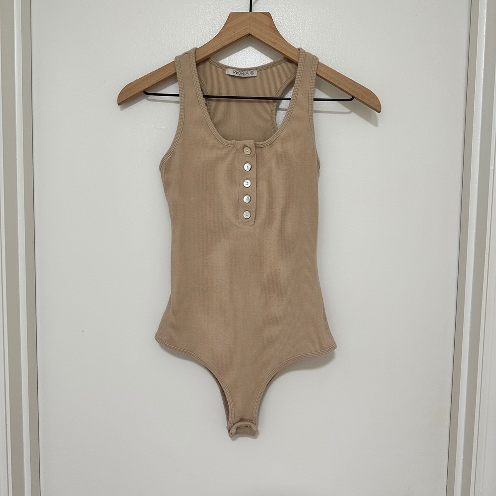 REORIA |‎ Woman's Cream Ribbed Racerback Henley Button Up Snap Bodysuit, Size S